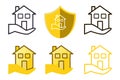 home insurance, house and shield icons representing home security, protection, safe home, insurance coverage, line art icon set Royalty Free Stock Photo
