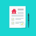 Home insurance or legal agreement document vector, flat cartoon house contract or mortgage form with financial checklist Royalty Free Stock Photo