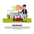 Home Insurance Services Banner With Agent Hold Umbrella Over Real Estate And Car Property Protection And Safety Concept Royalty Free Stock Photo