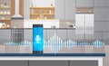 Home intelligent voice activated assistant recognition technology concept kitchen interior background smart ai speaker