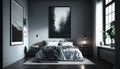 Home interior background, cozy gray bedroom with big bed, modern style, Generative AI