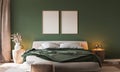 Home interior background cozy green bedroom with bright furniture natural wooden tables