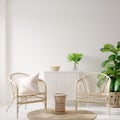 Home interior background with wicker furniture and decor, empty white wall mockup