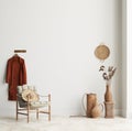 Home interior background with wicker furniture and decor, empty white wall mockup