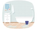 Home interior. Bathroom with white furniture on blue background. Bath, sink, mirror, shelves Royalty Free Stock Photo