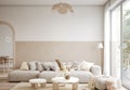 Home interior in boho style, living room in pastel beige colors