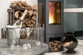 Home interior, champagne, two glasses, fireplace Royalty Free Stock Photo