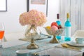 Home interior decor,dining room , bouquet in glass vase