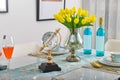 Home interior decor,dining room , bouquet in glass vase