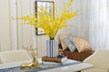 Home interior decor,dining room , bouquet in glass vase