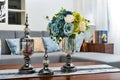 Home interior decor,metal , bouquet in glass vase Royalty Free Stock Photo