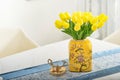 Home interior decor, tulip bouquet in vase Royalty Free Stock Photo