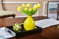 Home interior decor Metal, tulip bouquet in vase Royalty Free Stock Photo