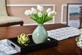 Home interior decor, white tulip bouquet in vase Royalty Free Stock Photo