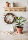 Home interior design. Ficus in a clay pot, enamel jug, bag, wooden shelf on the wall with grape wine. Cozy design in the
