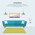 Home interior design. Modern living room interior with blue sofa. Vector Royalty Free Stock Photo