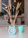 Home interior in detail, decorations on the kitchen table, retro clock, wheat spikelets on the kitchen table Royalty Free Stock Photo