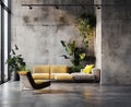 Home interior. Empty living room. Concrete loft style. Gray and yellow details Royalty Free Stock Photo