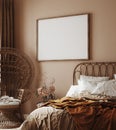 Home interior with ethnic boho decoration, bedroom in brown warm color Royalty Free Stock Photo