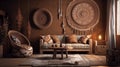 Home interior with ethnic boho decoration, living room in brown warm color. AI Generative Royalty Free Stock Photo