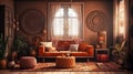 Home interior with ethnic boho decoration, living room in brown warm color. AI Generative Royalty Free Stock Photo