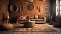 Home interior with ethnic boho decoration, living room in brown warm color. AI Generative Royalty Free Stock Photo