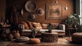 Home interior with ethnic boho decoration, living room in brown warm color. AI Generative Royalty Free Stock Photo