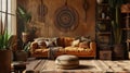 Home interior with ethnic boho decoration, living room in brown warm color. AI Generative Royalty Free Stock Photo