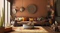 Home interior with ethnic boho decoration, living room in brown warm color. AI Generative Royalty Free Stock Photo