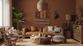 Home interior with ethnic boho decoration, living room in brown warm color. Ai Generative Royalty Free Stock Photo