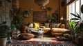 Home interior with ethnic boho decoration, living room in brown warm color. Ai Generative Royalty Free Stock Photo