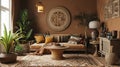 Home interior with ethnic boho decoration, living room in brown warm color. Ai Generative Royalty Free Stock Photo