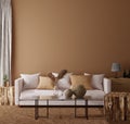 Home interior with ethnic boho decoration, living room in brown warm color, 3d render Royalty Free Stock Photo
