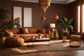 Home interior with ethnic boho decoration, living room in brown warm color Generated Ai Royalty Free Stock Photo