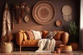 Home interior with ethnic boho decoration, living room in brown warm color. Generative Ai Royalty Free Stock Photo