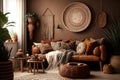 Home interior with ethnic boho decoration, living room in brown warm color. Generative Ai Royalty Free Stock Photo