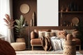 Home interior with ethnic boho decoration, living room in brown warm color. Generative Ai Royalty Free Stock Photo