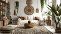 Home interior with ethnic boho decoration, living room in brown warm color. Generative Aiinterior, room, home, design, wall, decor Royalty Free Stock Photo