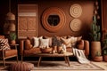 Home interior with ethnic boho decoration, living room in brown warm color Royalty Free Stock Photo