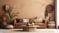 Home interior with ethnic boho decoration, living room in brown warm color. Generative Ai Royalty Free Stock Photo