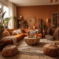 Home interior with ethnic boho decoration, living room in brown warm color