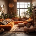 Home interior with ethnic boho decoration, living room in brown warm color