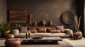 Home interior with ethnic boho decoration living room in brown warm color mockup wall. ai generative Royalty Free Stock Photo