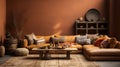 Home interior with ethnic boho decoration living room in brown warm color mockup wall. ai generative Royalty Free Stock Photo