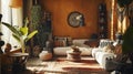 home interior with ethnic hobo decoration, living room in brown warm color. Ai Generative