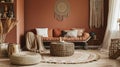 home interior with ethnic hobo decoration, living room in brown warm color. Ai Generative