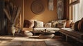 home interior with ethnic hobo decoration, living room in brown warm color. Ai Generative