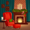 Fireplace with fire, pouf and armchair, Christmas