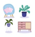 Home interior furniture showcase chair cushion and potted plants icons