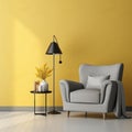 Home interior with gray armchair, coffee table and floor lamp over yellow wall 3d rendering Royalty Free Stock Photo